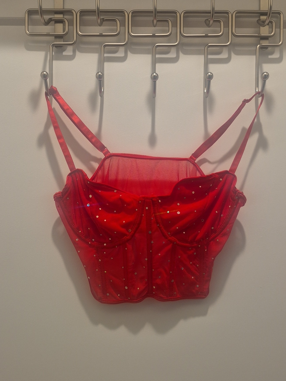 SHEIN Red Embellished Mesh Bustier Crop Top